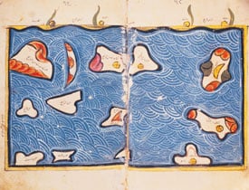 This 12th-century map of the Indian Ocean by al-Idrisi is so obviously imprecise as to seem almost decorative. (Note its similarity to the islands of the Indian Ocean in his world map on page 17.) But don’t fault him for trying: It was one thing to be able to sail all the way to China and quite another to explain to a stay-at-home scholar where one had been. It is easy to forget what an achievement even a simple map represented. Until the 15th century, mariners knew maps could indicate relative shapes and sizes, but they were nearly useless for navigation.