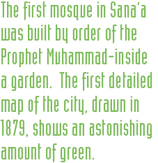 The first mosque in Sana’a was built by order of the Prophet Muhammad-inside a garden.  The first detailed map of the city, drawn in 1879, shows an astonishing amount of green.