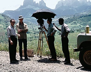 The author, second from left, with his film crew in the foothills of the Ruwenzoris, or “Mountains of the Moon.” 