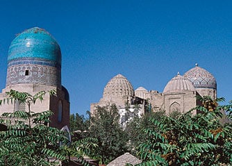 Timur and his descendants, including Shah Rukh, are buried in the Shahr-i-Zindah complex in Samarkand. 