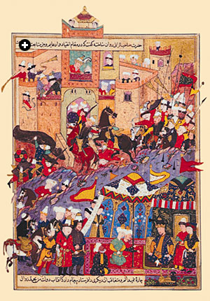 This painting from a 16th-century copy of the Persian historian Mirkhvand’s Rawzat al-Safa (Garden of Purity) shows Timur receiving envoys during his 1370 attack on Balkh, now in northern Afghanistan. It was a far larger embassy that came to him 25 years later, bearing the first of two letters from the Ming court of China that Timur found profoundly insulting. 