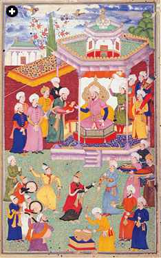 Likewise a fourth son, the infant Shah Rukh is presented to his father, Timur, in this painting from the 17th-century Zafarnama by Sharaf al-Din Yazdi. 
