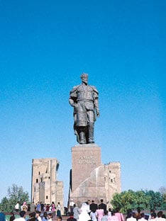 A statue of Timur, known in the West as Tamerlane, stands in the main square of Shakhrisabz, the town where he was born, about 160 kilometers (100 mi) from Samarkand in today’s Uzbekistan.