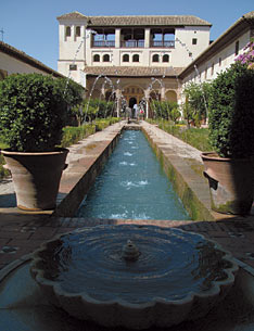 Gravity-fed fountains embellish a courtyard at the heart of the Alhambra’s sprawling, elaborate Generalife Gardens in Granada.
