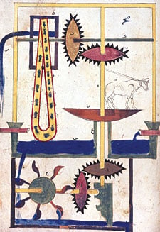 Though al-Jazari built this water-raising machine as a decorative and mystifying attraction—the machinery in the lower level was hidden from viewers and the cow was a wooden dummy—it was nonetheless an entirely practical design, one of more than 50 hydro-automata he devised. Powered either by a real cow or by the scoop-wheel in the lower level, the upper horizontal axle drove the yellow belt with its attached water-pots to lift water to the upper level. 