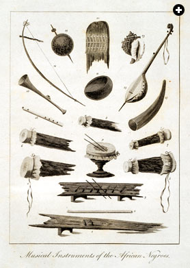 African Muslim slaves influenced later blues both through their musical style and through their instruments, which, in late-18th-century Suriname, included percussion, wind and string devices. Among the latter were a one-string benta (top left), and a Creole-bania (top right), an ancestor of the American banjo. Right: This Creole-bania was made in the late 18th century from a half-gourd covered with skin; it had a fretless neck.