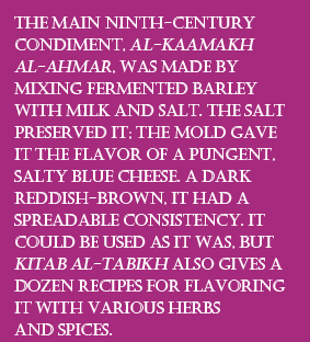 The main ninth-century condiment, al-kaamakh al-ahmar, was made by mixing fermented barley with milk and salt. The salt preserved it; the mold gave it the flavor of a pungent, salty blue cheese. A dark reddish-brown, it had a spreadable consistency. It could be used as it was, but Kitab al-Tabikh also gives a dozen recipes for flavoring it with various herbs and spices.