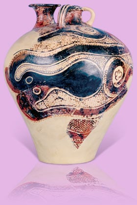 A Minoan earthenware jar, dated between 1450 and 1400 BC, depicts an octopus and semiabstract murex trunculus shells.
