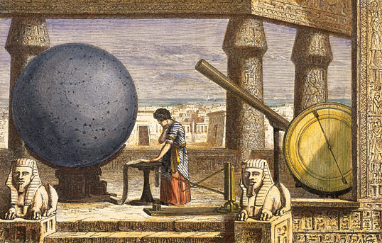 By Ibn Ridwan’s time, observation of the stars and planets—for empirical, religious and astrological reasons—had a long history in Egypt. This 19th-century woodcut is a fanciful depiction of Claudius Ptolemy’s famous first-century observatory at Alexandria. From there, Ptolemy made the observations that supported Earth-centered models of solar and planetary motion. 