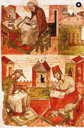 Scientific knowledge passed from the classical to the Muslim world and back again to the West through Spain and Byzantium. This transmission, which in part inspired the Renaissance, is beautifully exemplified in this 14th-century frontispiece to the Greek translation of the Zad al-Musafir by Ahmad ibn al-Jazzar (died 961). The work was a compilation of medical knowledge from Aristotle onward and was one of the leading reference books in medieval Europe. Ibn al-Jazzar appears at the bottom right; on the left is his translator, Constantine de Regio (also known as Constantine the African). The upper scene may show St. John of Damascus with that city in the background.