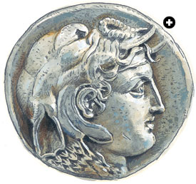 Ptolemy’s coin showed Alexander as Zeus, with the ram’s horn of Amon curving subtly above his ear. Scholars have wondered why Ptolemy showed him with an elephant scalp rather than the traditional lion scalp of earlier coins depicting Herakles. 