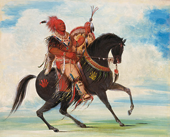 A portrait of Sauk and Fox chief Keokuk from 1835 shows him mounted on a Spanish horse in a pose that recalls European royal mounted portraiture.