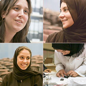 Top left: Kerry Laufer, a Swarthmore graduate and now vice dean for institutional development and quality control, is one of the many Americans who have helped the college’s development. Top right: Zakia Bahejri graduated this year with a major in information systems, as did Nojoud al-Sihli (bottom left), who also served as president of the Marketing Club. Bottom right: Dima Ikhwan is studying engineering.
