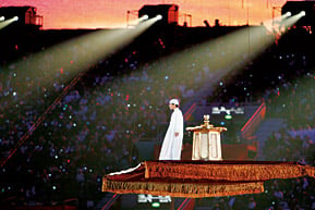 Theatrics at the Games’ closing ceremony were no less spectacular: Here, a boy rode a flying carpet in a performance based on “A Thousand and One Nights.”