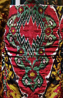 Detail of a silk-warp man’s ikat robe, probably woven in Samarkand between 1860 and 1870.