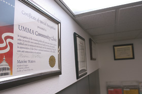 A certificate in the hall commemorates the national recognition UMMA received in 2006 in the US House of Representatives from Congresswoman Maxine Waters, who represents South Central. “If you want to see what Muslim Americans truly represent, go to UMMA Clinic,” she said.