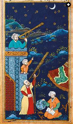 Astronomers study the moon and the stars in this Ottoman miniature dating from the 17th century. 
