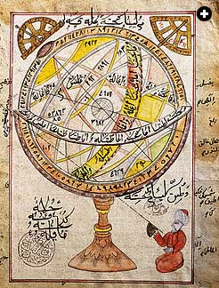 An astronomer calculates the position of a star with an armillary sphere and a quadrant in this illustration from a 16th-century Ottoman manuscript.