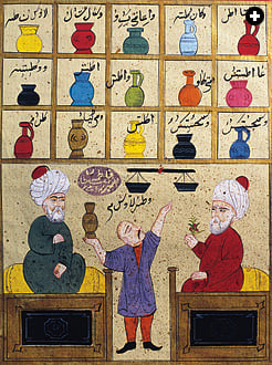 Arab physicians added hundreds of medicines to those recorded by the Greeks. In this Ottoman manuscript, two doctors give instructions on the preparation of prescriptions. 