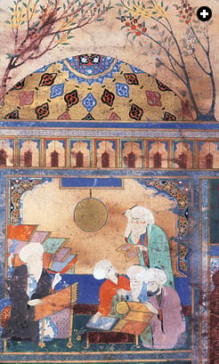 Nasir al-Din al-Tusi is pictured at his writing desk at the high-tech observatory in Maragha, Persia, which opened in 1259. He persuaded the Mongol conqueror Hulaga Khan to build the facility. 