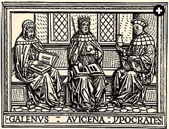 The Persian polymath-physician Avicenna appeared with his Greek forebears Galen and Hippocrates in this woodcut from an early 15th- century Latin medical book.