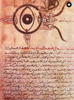 The earliest known medical description of the eye, from a ninth-century work by Hunayn ibn Ishaq, is shown in this copy of a 12th-century manuscript at the Institute.