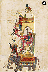 Elephant Clock from al-Jazari’s Book of Knowledge of Ingenious Mechanical Devices, written in the early 13th century.