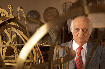 Dr. Fuat Sezgin, 82, is framed by the rings of an armillary sphere in his Institute for the History of Arab–Islamic Science in Frankfurt. He established the institute in the late 1970’s after winning Saudi Arabia’s King Faisal Prize for science