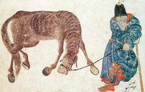 A Mongol herdsman stands with his grazing horse. Behind the mobile Mongol warriors was a host of men, women and children who maintained the fighters’ weapons and other material, cooked, ensured water supplies and tended herds.