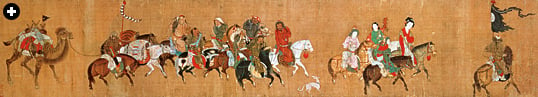 A Chinese painting shows a small Mongol convoy. Mongol cavalrymen each had three mounts and traveled very light: Each man wore a silk shirt under a tunic, and heavy cavalry also wore chain mail and a leather cuirass. Each carried a leather-covered wicker shield and a helmet of either leather or iron, depending on rank, and was armed with two composite bows and 60 arrows. Soldiers also carried clothing, cooking pots, dried meat and water in a saddlebag made from a cow’s stomach, which, being waterproof and inflatable, could also be used as a float to cross rivers. Thus equipped, the cavalry could travel up to 160 kilometers (100 mi) a day.