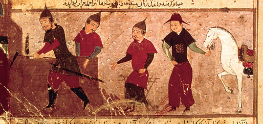 This 14th-century Persian manuscript shows Genghis Khan and three of his four sons. The youngest, Tolui, fathered Möngke and Hülegü; it was the death of Möngke in early 1260 that prompted the pullback of Hülegü’s army, leaving a much smaller Mongol force to advance on Egypt. 