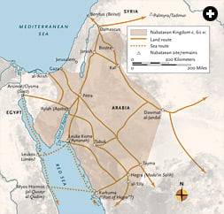 Archeologists have determined the maximum extent of the Nabataean kingdom largely through finds of distinctive pottery at more than 2000 sites. At its zenith, Nabataea extended over much of what is now southern Jordan, Syria and the Negev and south into northwestern Arabia. It was from Hegra, the kingdom’s southernmost settlement, emporium and entrepôt, that long-distance camel caravans set out for the far reaches of the Arabian Peninsula in pursuit of aromatics, spices and other rare commodities, some of which came from India and even China.