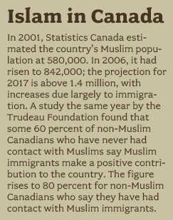 Islam in Canada - In 2001, Statistics Canada estimated the country's Muslim population at 580,000. In 2006, it had risen to 842,000; the projection for 2017 is above 1.4 million, with increases due largely to immigration. A study the same year by the Trudeau Foundation found that some 60 percent of non-Muslim Canadians who have never had contact with Muslims say Muslim immigrants make a positive contribution to the country. The figure rises to 80 percent for non-Muslim Canadians who say they have had contact with Muslim immigrants.
