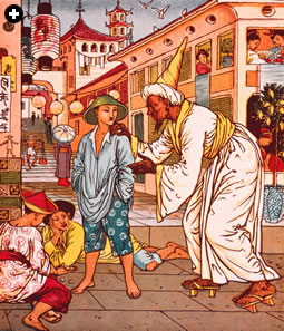 An 1878 illustration of “Aladdin accosted by a magician” is set in an imaginary China.