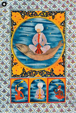A color engraving for “Abdullah of the Sea,” right, for a French edition in 1895, draws from the miniature tradition. 
