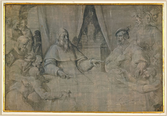 A decade after he painted his “Portrait of a Humanist”, Sebastiano del Piombo sketched the meeting of Pope Clement VII and Holy Roman Emperor Charles V in 1530 in Barcelona. Charles had attacked Rome three years earlier, and Leo may have taken that opportunity to slip back to Africa.