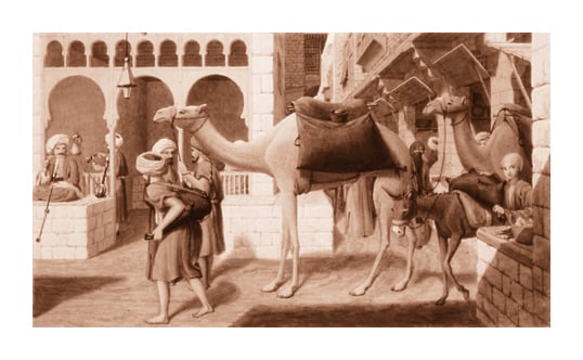 Lane included himself (seated, far left) in this scene near the entrance of Cairo’s Khan al-Khalili bazaar. 