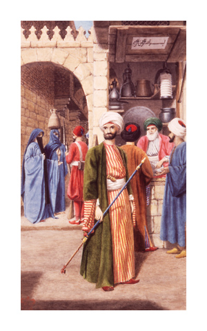 Lane’s focus from his earliest moments in Egypt was on its people. This colorful Cairo street scene shows an upper-class man in front of a busy copperware shop. Under the arch, a soldier of Muhammad Ali’s army stands before two Egyptian women. 