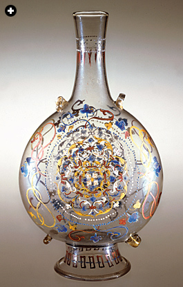 “Pilgrim flasks,” originally made of metal or leather, evolved into mostly decorative objects in the late 15th and early 16th centuries. This example is decorated with vaguely vegetal patterns in gilt and enamel. A significant portion of the Venetian economy was fueled by Christian pilgrims, who embarked for the Holy Land from Venice. 