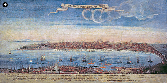 An unknown painter of the Italian school created this view looking down over the busy Constantinople harbor. 