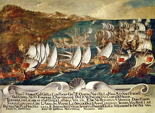 Venetian relations with the Ottoman Empire were sustained by trade, but punctuated by conflict. In the mid-17th century, the Turks retaliated against the Venetians for attacks on Turkish ships by the Knights Hospitaller of St. John, beginning a quarter-century of war. A Venetian painter depicted the “Action of August 27, 1661,” a battle in which the combined forces of Venice and Malta—22 ships—defeated a Turkish fleet of 36 galleys.