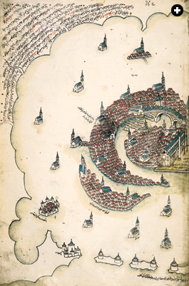 Venice, as rendered by Ottoman admiral and cartographer Piri Reis in his Kitab-i Bahriye, a book of portolan charts and sailing directions produced in the early 16th century. 