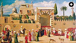 A Mamluk governor, or na’ib, and his retinue prepare to receive Venetian consul Niccolò Malipiero in Damascus in 1511. The cupola of the Great Umayyad Mosque is in the background.