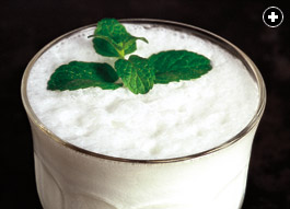 A frosty glass of ayran made from yogurt, water and salt.