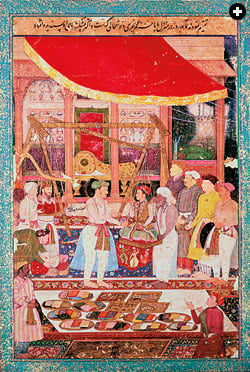 Although the main focus of this gouache miniature, dated circa 1615, is the weighing of the prince against gold and silver to be distributed to the poor, it also shows, in the foreground, several dozen robes of honor, folded and arranged on trays. The painting appears in the now-dispersed Tuzuk-i Jahangir (The Memoirs of Jahangir).