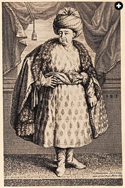 French jewel merchant Jean-Baptiste Tavernier used this etching, showing the robe presented to him in 1652 by Shaista Khan, uncle of the Mughal emperor of India, as the frontispiece of his book Travels in India.