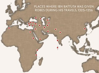 Places where Ibn Battuta was given robes during his travels, 1325-1356