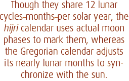 Though they share 12 lunar cycles—months—per solar year, the hijri calendar uses actual moon phases to mark them, whereas the Gregorian calendar adjusts its nearly lunar months to sy­nchronize with the sun.