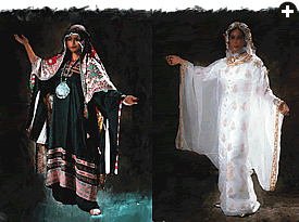 Left: The Sulaym tribe is related to the Harb and also lives near Madinah, but the Sulaym do not use indigo. This exquisitely embroidered dress has a quilted hem to protect against thorny bushes. Right: This fitted dress embroidered in gold thread and covered with a sheer thawb is something a Makkan woman might wear on festive occasions. The head cover is also embroidered in gold thread and shows a Turkish influence. The bodice and drawstring pantalets underneath are “Indonesian style,” showing yet another influence of pilgrims on Saudi styles.