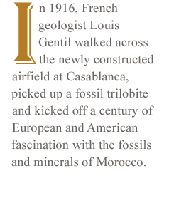 In 1916, French geologist Louis Gentil walked across the newly constructed airfield at Casablanca, picked up a fossil trilobite and kicked off a century of European and American fascination with the fossils and minerals of Morocco. 